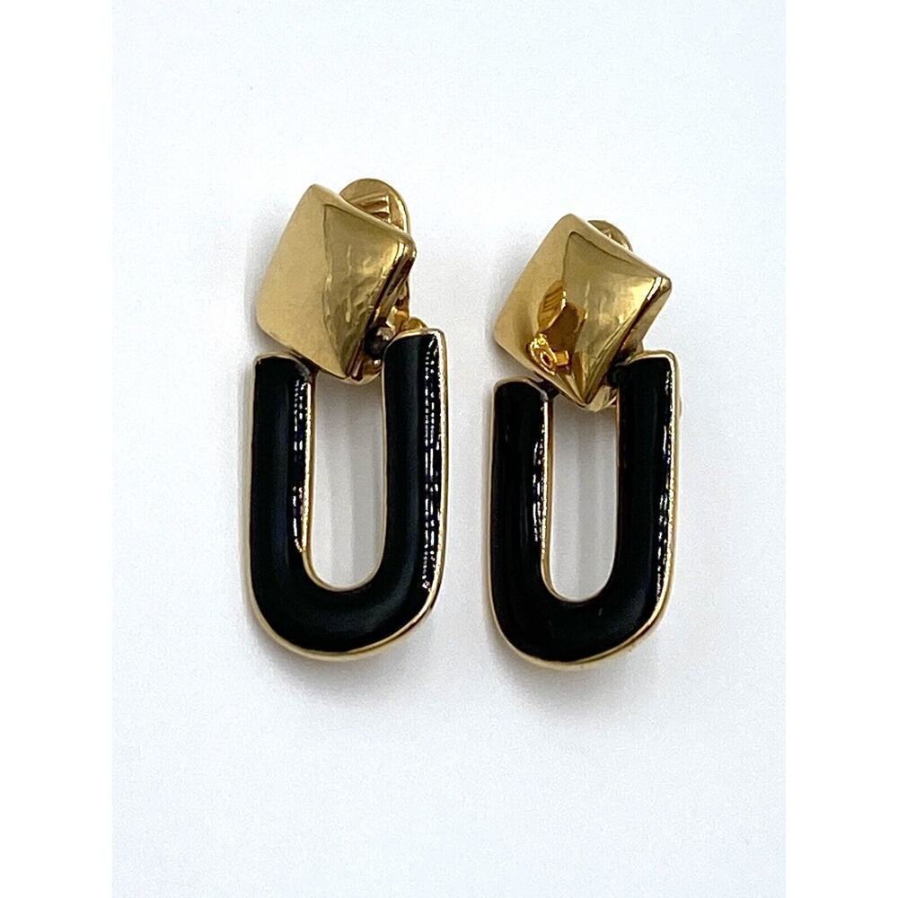 Monet Clop Ons Dangles Black Enamel Gold Tone Vintage Estate